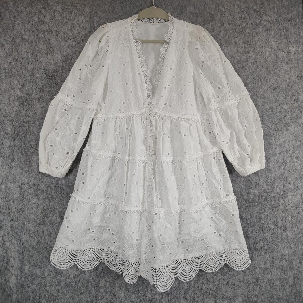 Boho Hippie Eyelet Relaxed Fit 3/4 Sleeve Cotton Sunny Fairy Travel Mini Dress